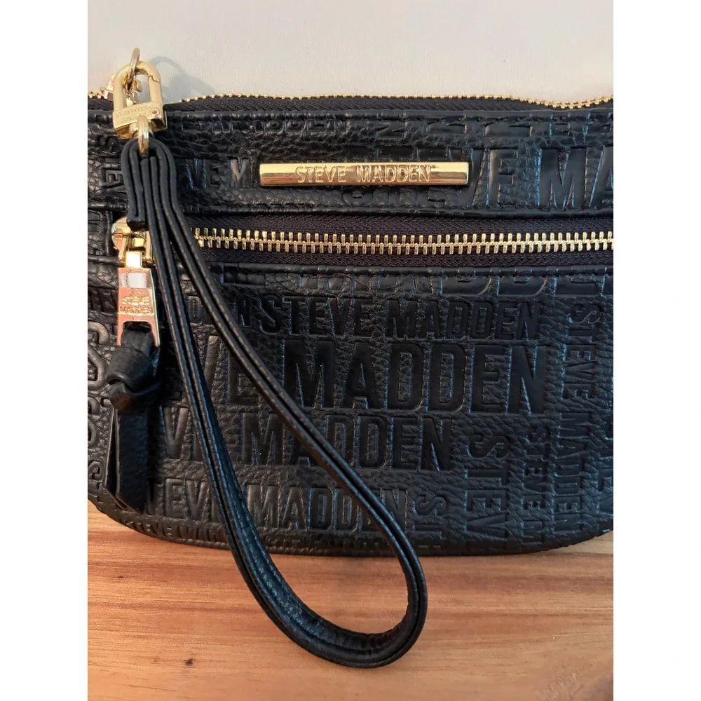 Steve Madden Btrell Double Zip Monogram Logo Black Wristlet Bag Purse
